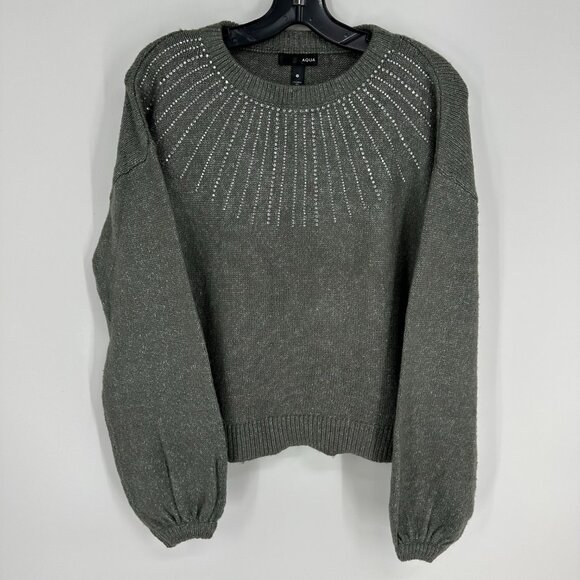 Aqua Embellished Sweater S Rhinestone Starburst Balloon Long Sleeves Crew Gray - Picture 1 of 6